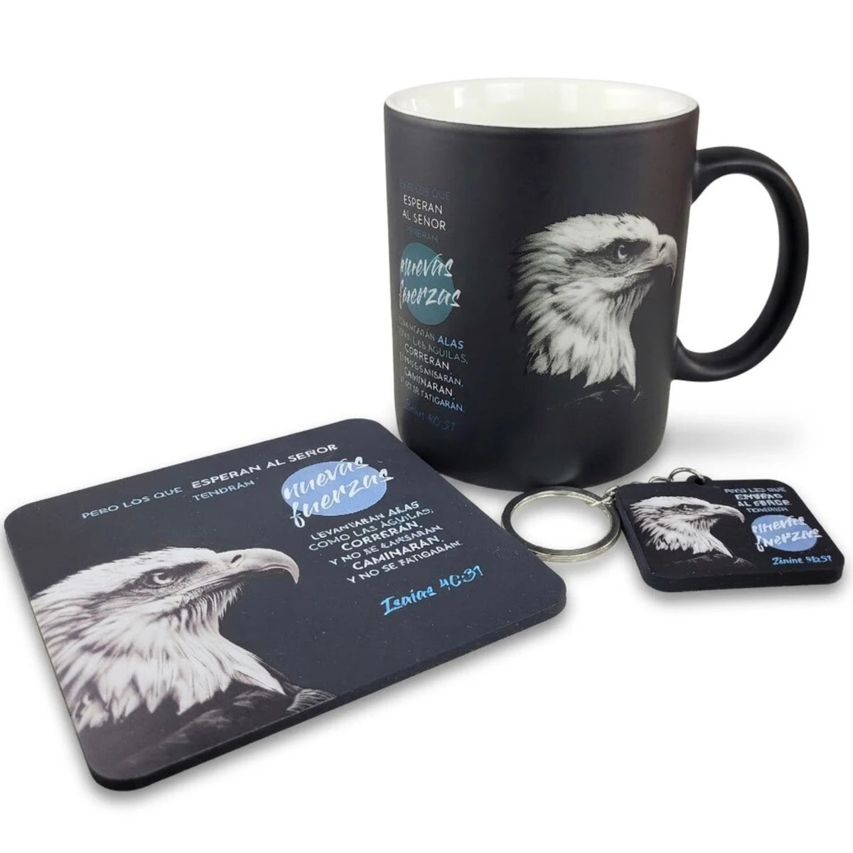 Taza 12oz Isaias40:31 incluye llavero y Posavasos