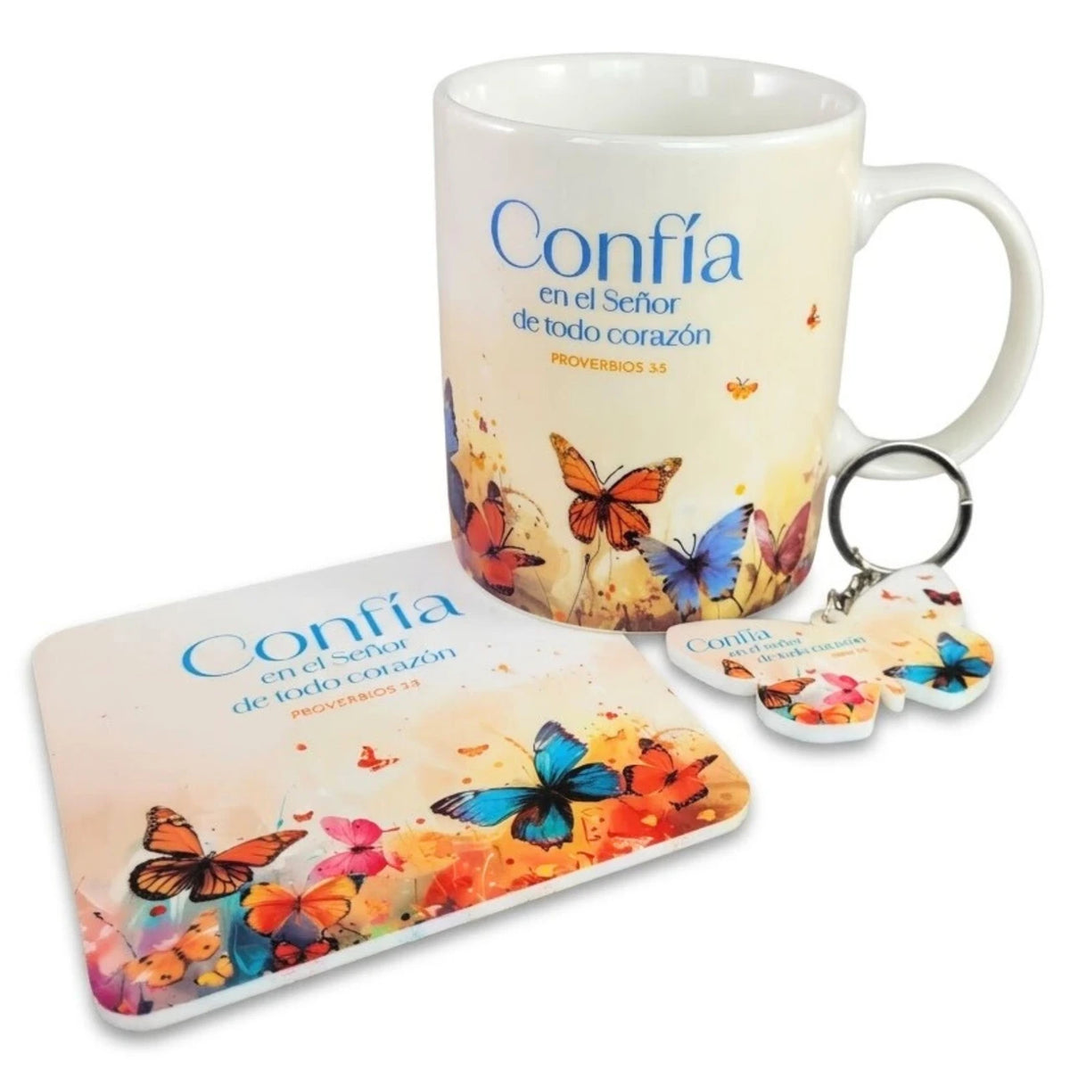 Taza 12oz Proverbios 3:5 incluye Llavero y Posavasos