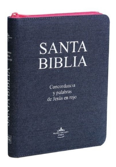 BIBLIA RVR60 BLUE JEAN LETRA GRANDE CIERRE ROSADO INDICE — disponible en La Librería del Evangelio