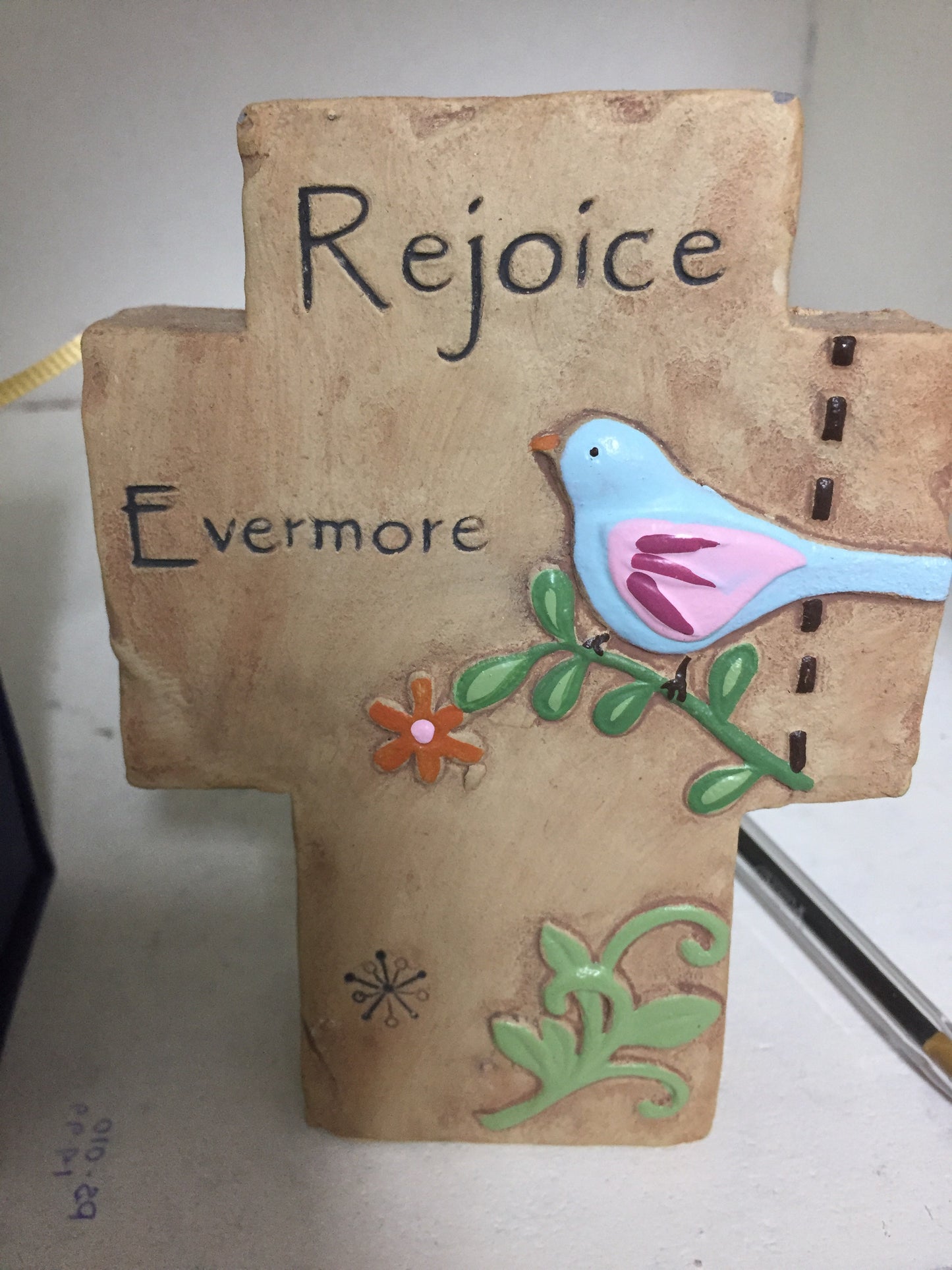 Stone cross REJOICE EVERMORE