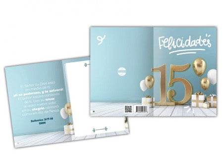 Tarjeta Felicidades 15. Sofonias 3:17-18 DHH — available at The Gospel Bookstore