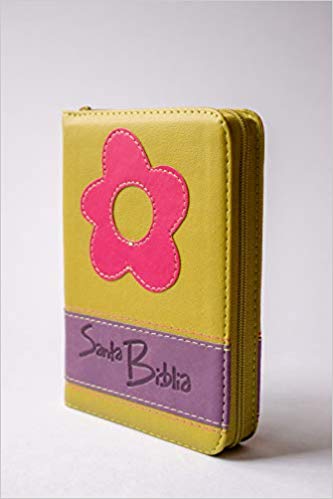 Biblia mediana zipper flor fucsia y verd