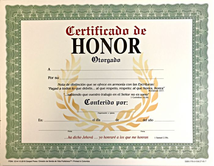 CERTIFICADO DE HONOR Pk — disponible en La Librería del Evangelio