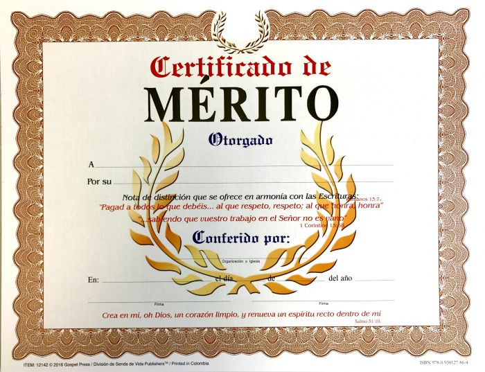 CERTIFICADO DE MERITO Pk — disponible en La Librería del Evangelio