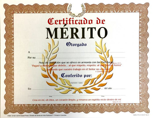 CERTIFICADO DE MERITO Pk — disponible en La Librería del Evangelio