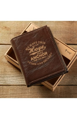 Leather Wallet: Hope as an Anchor Tri-Fold in Brown - Hebrews 6:19