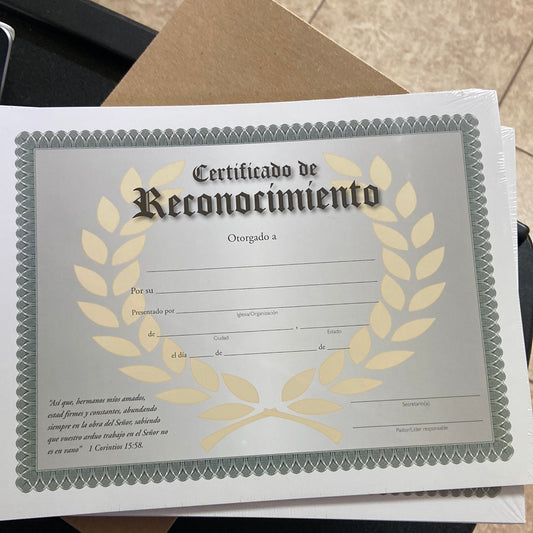 Certificado reconocimiento — available at The Gospel Bookstore