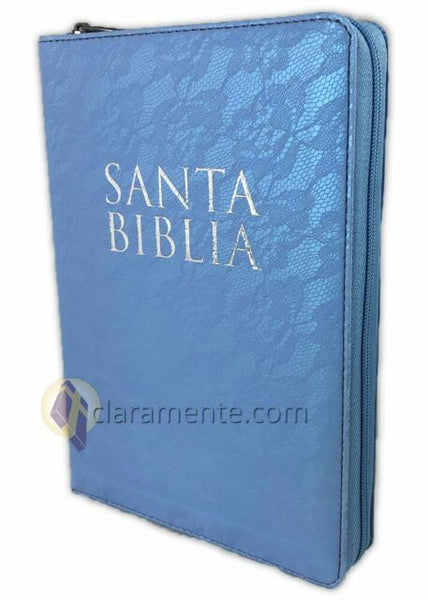 Santa Biblia Letra Grande con Cierre, tamaño manual, Reina-Valera 1960, imitación piel, celeste floral con índice, letras plateadas